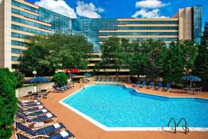 达拉姆达勒姆机场三角研究园喜来登帝国酒店的一座带躺椅的游泳池和一座建筑