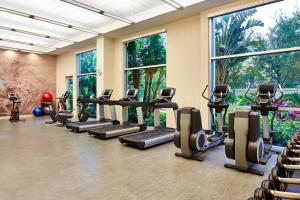 玛丽湖The Westin Lake Mary, Orlando North的健身房设有一排跑步机和窗户