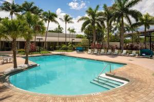 迈阿密迈阿密机场万怡酒店的一座棕榈树游泳池和一座建筑