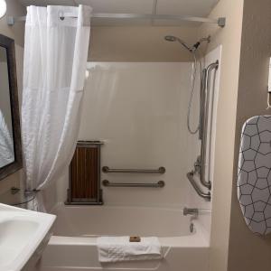 德卢斯Duluth Inn & Suites Near Spirit Mountain的带淋浴、盥洗盆和浴缸的浴室