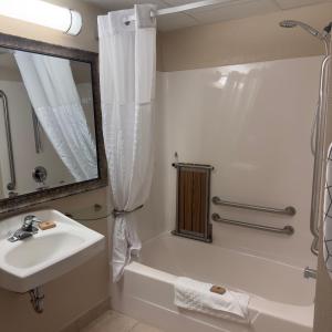 德卢斯Duluth Inn & Suites Near Spirit Mountain的浴室配有盥洗盆、浴缸和镜子