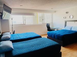 墨西哥城Allegro Polanco的一间卧室配有两张蓝色的床和一张桌子