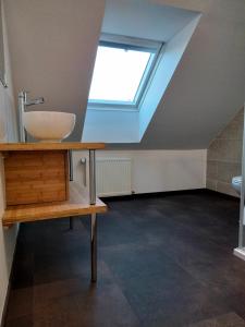 Saint-Germain-du-CorbéisSt Germain的一间带水槽和天窗的浴室