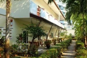 芭东海滩Patong Palace Hotel - SHA Extra Plus的一座有一排盆盆栽植物的建筑