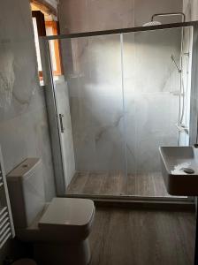 MelidhónionVilla Asteria的带淋浴、卫生间和盥洗盆的浴室