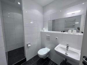 柏林柏林弗里德里希斯海因-克罗伊茨贝格公寓民宿的白色的浴室设有卫生间和水槽。