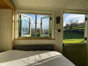 康威Shepherds Hut, Conwy Valley的一间卧室设有一张床和一个美景窗户。