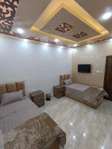 瓦迪穆萨Petra downtown house的一间卧室配有两张床和一台平面电视