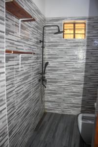江比阿Villa Sunshine House ZANZIBAR的带淋浴、卫生间和窗户的浴室