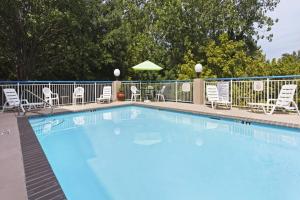 夏洛特费尔弗耶德旅馆及套房酒店－夏洛特阿罗伍德的一个带椅子和遮阳伞的大型蓝色游泳池