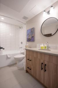 班夫Basecamp Suites Banff的浴室配有盥洗池、卫生间和镜子。