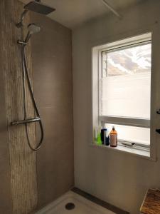 FlateyriFlateyri guesthouse的带淋浴的浴室,带窗户
