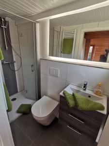 瓦伦Sann/ Michaelis的一间带卫生间、水槽和镜子的浴室