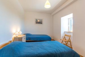 巴比诺波尔杰Mljet, old stone apartment with pool in nature的配有蓝色床单的客房内的两张床