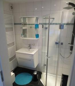 汉诺威阿贝尔公寓的一间带卫生间和玻璃淋浴间的浴室