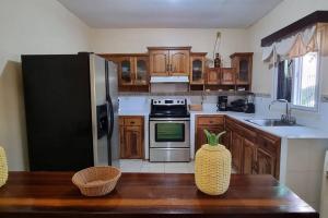 特拉Huellas en la arena Casa De Playa的厨房配有木制橱柜和不锈钢用具