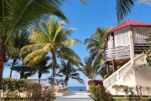 特拉Huellas en la arena Casa De Playa的棕榈树和大海海滩上的度假屋