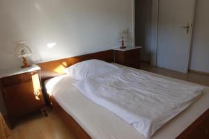 TrassemFerienhaus La Meu的一间卧室配有一张带白色床单和两盏灯的床。