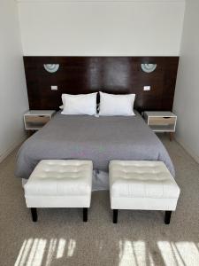 洛斯比洛斯American Hotel的一间卧室配有一张带两个白色皮革座椅的床
