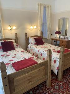 斯凯格内斯Knighton Lodge的一间卧室配有两张带红色枕头的床。