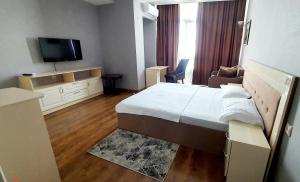阿拉木图LAMIYA Aparts Hotel的酒店客房,配有床和电视