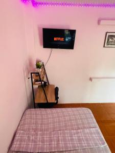 圣米格尔Hostal Mónaco的卧室配有一张床,墙上配有电视。