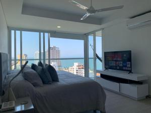圣玛尔塔Amazing Penthouse. A minutos de la playa.的一间卧室设有一张带电视和大窗户的床。