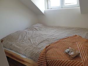 萨格勒布Apartman Benedikta的一张床上的床上,上面有毯子