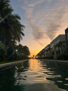 El ZapoteBeach front Blue Summer Apartment Costa Del Sol的棕榈树和日落的海水游泳池