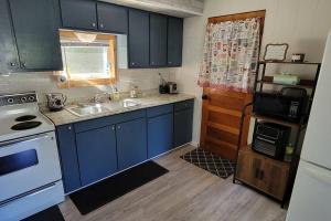 BrimleyNewly renovated home with WIFI and ROKU TV的厨房配有蓝色橱柜、水槽和炉灶。