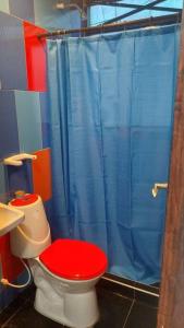 圣安德烈斯Posada N Seaflower Lodge 2的浴室设有蓝色淋浴帘和卫生间