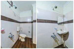 KhammamOYO Surya Teja Residency的浴室的两张照片,配有卫生间和水槽