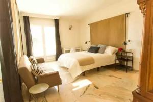 贝纳尔马德纳espectacular villa puerto marina playa的一间卧室配有一张床、一张沙发和一把椅子