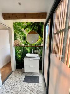 蒙尼肯丹Luxury Houseboat Liberdade with sauna and dinghy的浴室设有水槽和丛林壁画