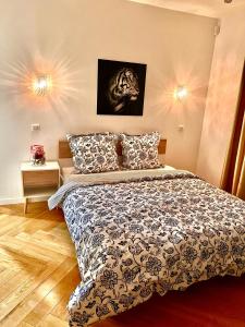 布瓦西圣雷热Alexandru Home的卧室配有一张床,墙上有两盏灯