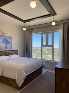 萨维奇منتجع جبل رثباء Rathba Mountain Resort的一间卧室设有一张大床和一个大窗户