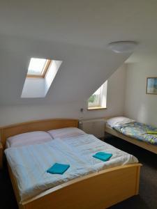 耶什赫维采Penzion Pohoda的一间卧室配有一张带蓝色枕头的床。