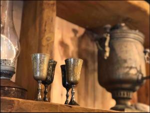KrekhayevZubyria Lodge的三杯酒杯装在带花瓶的架子上