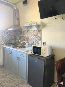 埃尔莫波利斯happyWish Syros的厨房配有冰箱上方的微波炉