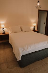 帕纳哈切尔Lahos Apartament's的一间卧室配有一张带两盏灯的大型白色床。