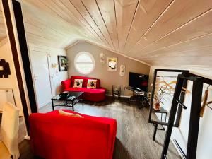 普里诺斯poplar lofts & apartments karavouzi的一间带红色沙发和天花板的客厅