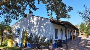 圣特奥托纽蒙特达乔卡乡村民宿的白色的建筑,有蓝色的修剪和一棵树