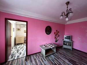 基辅Апартаменты на Русановке的客厅设有粉红色的墙壁和镜子