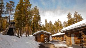 普哈圣山Ski-in-out FreeRider的森林旁雪地中的小木屋