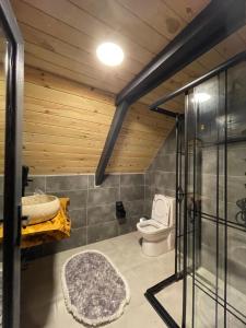 贾马里海姆森Tanura Bungalows的一间带卫生间和木制天花板的浴室