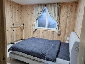 济州市Amy House的一间卧室配有一张带蓝色棉被的床和窗户。