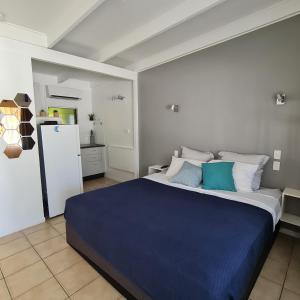 耐莉湾Island Serenity on Magnetic Island的一间卧室配有一张带蓝色床单的大床