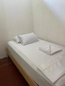 利比里亚Puente Real Hostel的一张白色的床,上面有两个枕头