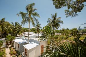 富国The Vibe House - Chillout Hostel的享有棕榈树白色房屋的空中景致