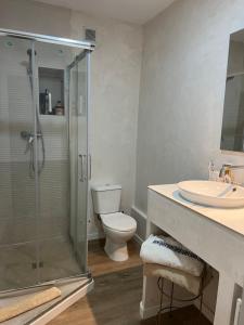 赫罗纳Precioso Girona largas estancias的带淋浴、卫生间和盥洗盆的浴室